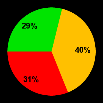 Probability of quiet conditions (green), disturbed conditions (yellow) and magnetic storms (red) for 19.05.2024